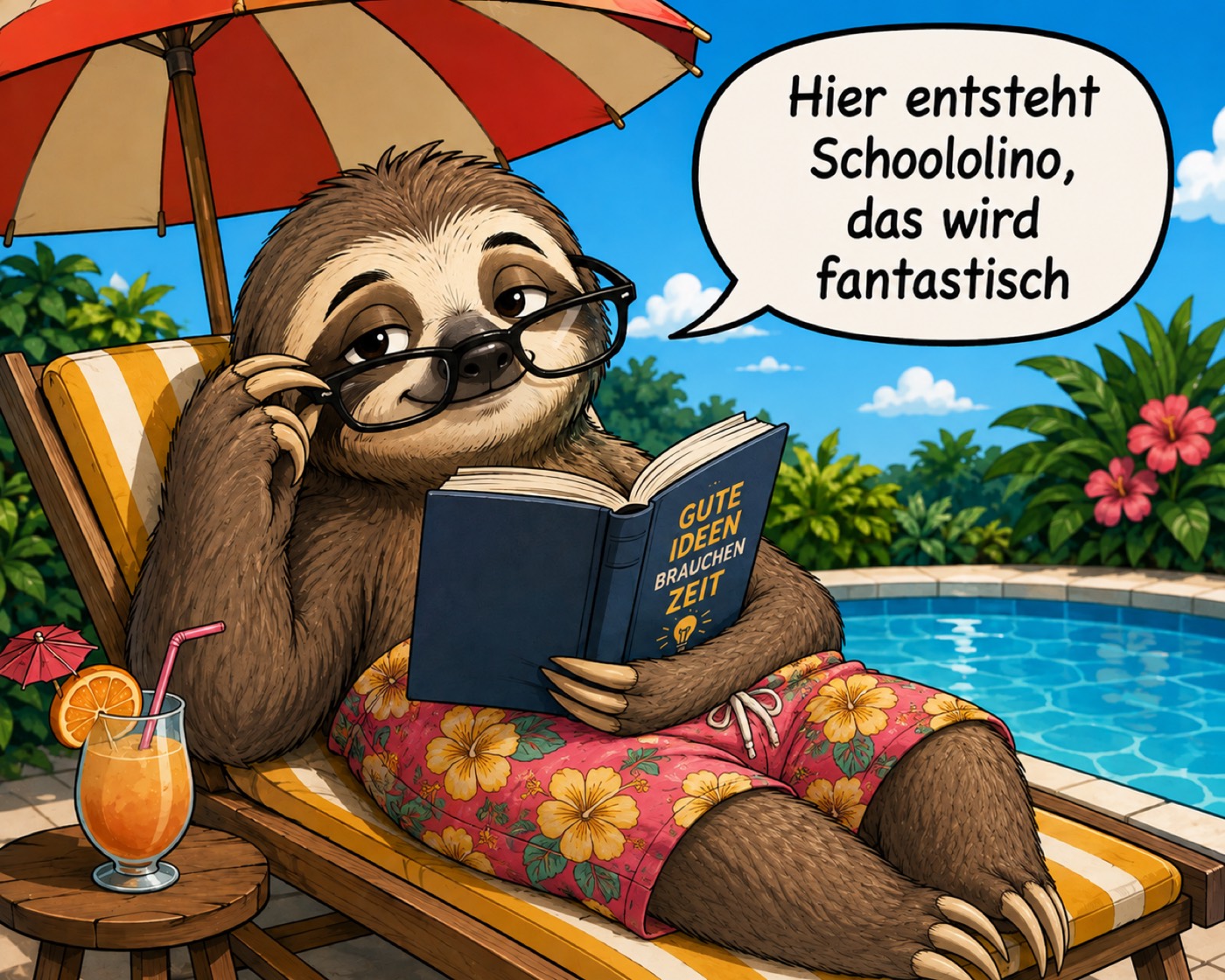 Faultier mit Brille auf einer Liege: Hier entsteht Schoololino.